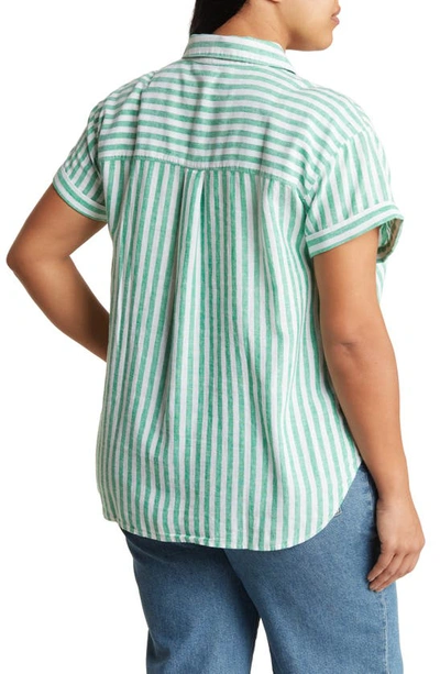 Shop Caslon Linen Blend Button-up Camp Shirt In Green Bright Katie Stripe