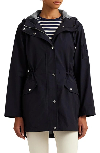 Shop Lauren Ralph Lauren Hooded Drawstring Waist Jacket In Dark Navy
