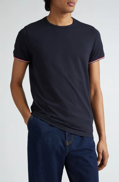 Shop Moncler Tipped Cotton Stretch Jersey T-shirt In Navy