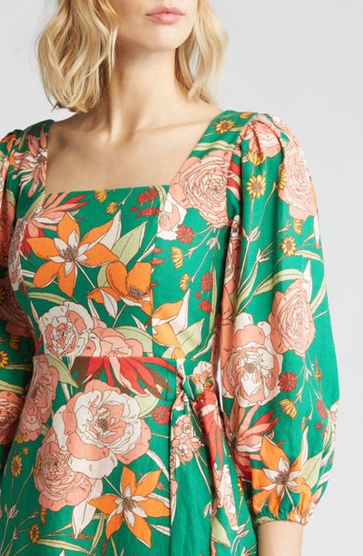 Shop Vince Camuto Floral Long Sleeve Linen Blend Dress In Green Mult