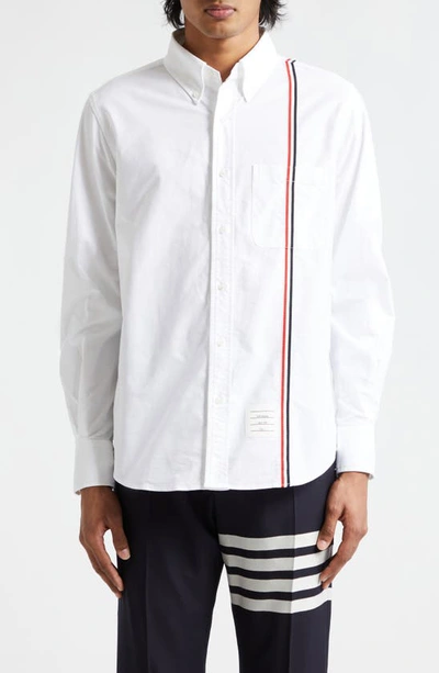 Thom Browne Long-sleeved Poplin Shirt With Signature Stripes In White
