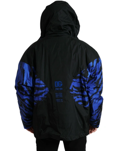 Shop Dolce & Gabbana Black Blue Hooded Windbreaker Coat Men's Jacket In Black And Blue