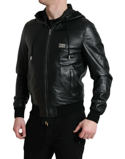 Shop Dolce & Gabbana Elegant Black Leather Hooded Zip Men's Jacket