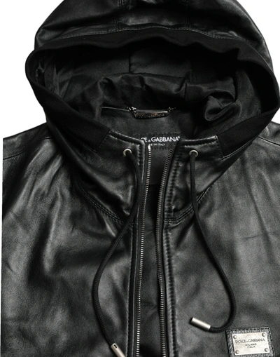 Shop Dolce & Gabbana Elegant Black Leather Hooded Zip Men's Jacket