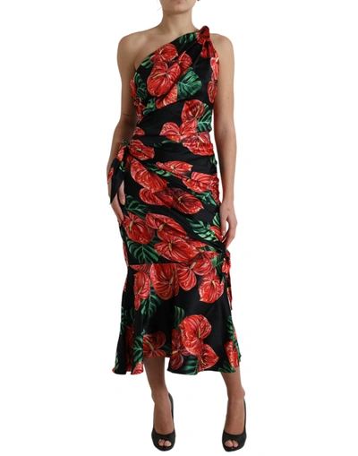Shop Dolce & Gabbana Black Shiny Silk Floral Print Draped Women's Dress