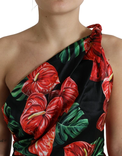 Shop Dolce & Gabbana Black Shiny Silk Floral Print Draped Women's Dress