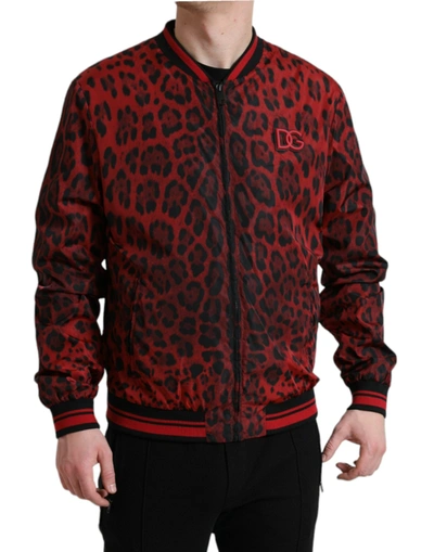 Shop Dolce & Gabbana Red Leopard Nylon Bomber Men's Jacket