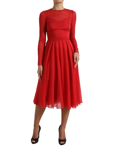 Shop Dolce & Gabbana Red Silk Pleated Aline Long Sleeve Midi Women's Dress