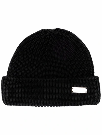 Shop Heliot Emil Beanie With Metal Plate Logo In Black