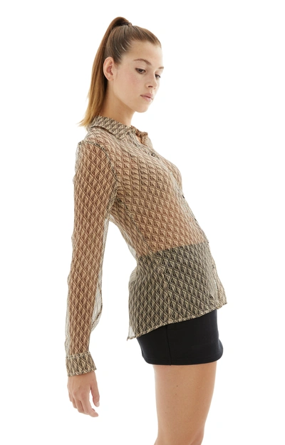 Marine Serre Moon Diamant Sheer Silk Crepon Button-up Shirt In Beige