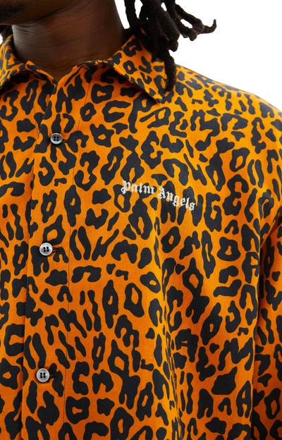 Palm Angels Webbing-trimmed Leopard-print Linen And Cotton-blend Shirt In Orange/black