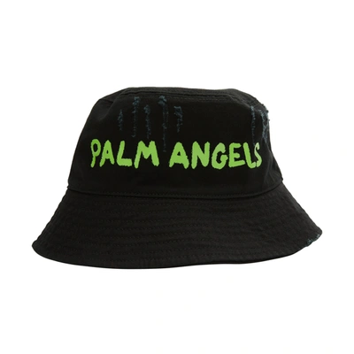 Shop Palm Angels Seasonal Logo Bucket Hat In Black/green Fluo