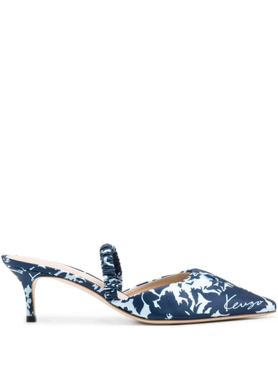 Kenzo Signature Flower Camo Print Kitten Heel Mules In Blue