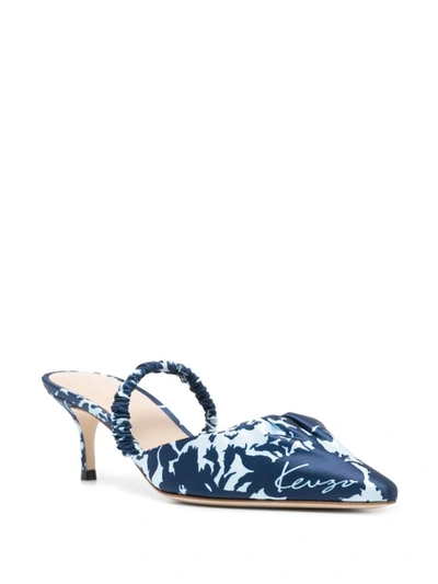 Kenzo Signature Flower Camo Print Kitten Heel Mules In Blue