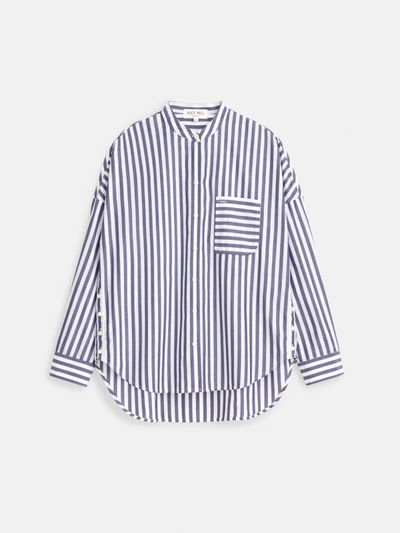 Shop Alex Mill Collarless Striped Shirt In Cotton In Navy/white