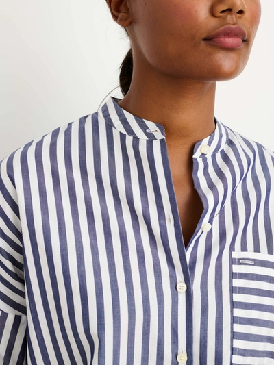 Shop Alex Mill Collarless Striped Shirt In Cotton In Navy/white