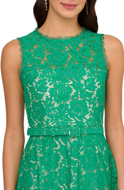 Shop Adrianna Papell Belted Sleeveless Lace Midi Dress In Botanic Green