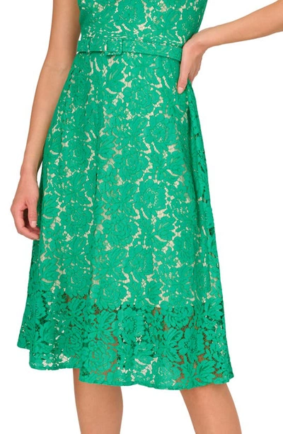 Shop Adrianna Papell Belted Sleeveless Lace Midi Dress In Botanic Green