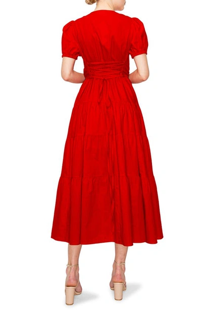 Shop Melloday Puff Sleeve Button Front Linen Blend Fit & Flare Midi Dress In Red