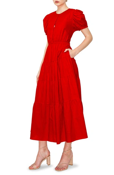 Shop Melloday Puff Sleeve Button Front Linen Blend Fit & Flare Midi Dress In Red