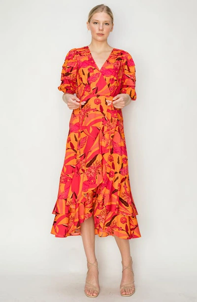 Shop Melloday Poplin Floral Midi Wrap Dress In Orange Multi
