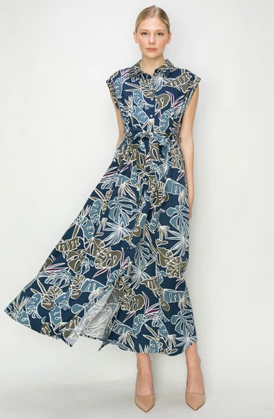 Shop Melloday Tropical Print Extended Shoulder Shirtdress In Navy Tropical