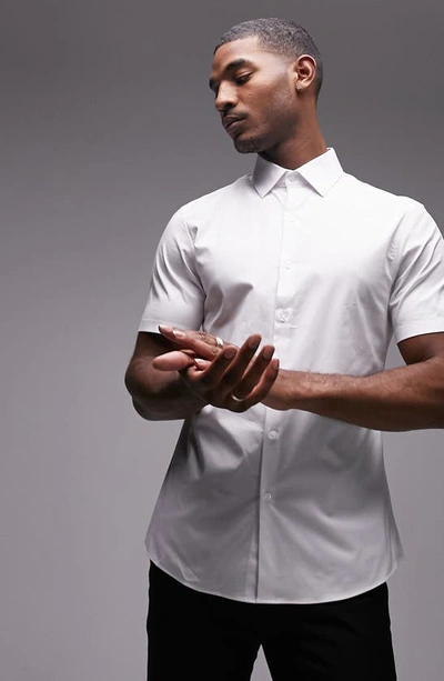 Shop Topman Slim Fit Short Sleeve Stretch Cotton Button-up Shirt In White