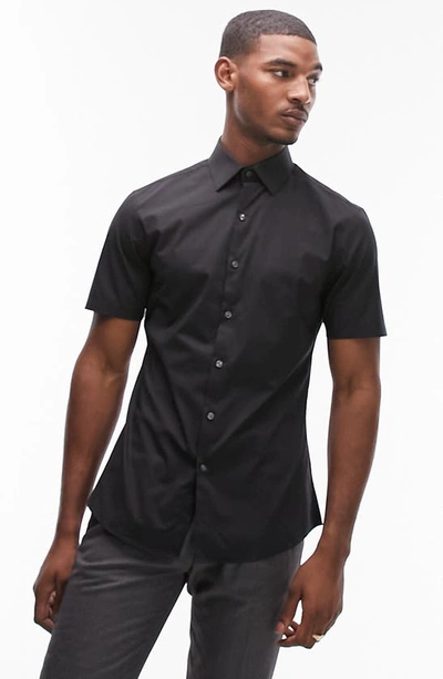 Shop Topman Slim Fit Short Sleeve Stretch Cotton Button-up Shirt In Black