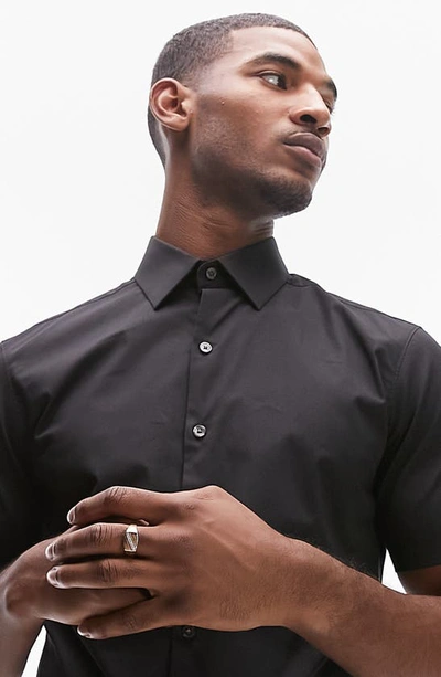 Shop Topman Slim Fit Short Sleeve Stretch Cotton Button-up Shirt In Black