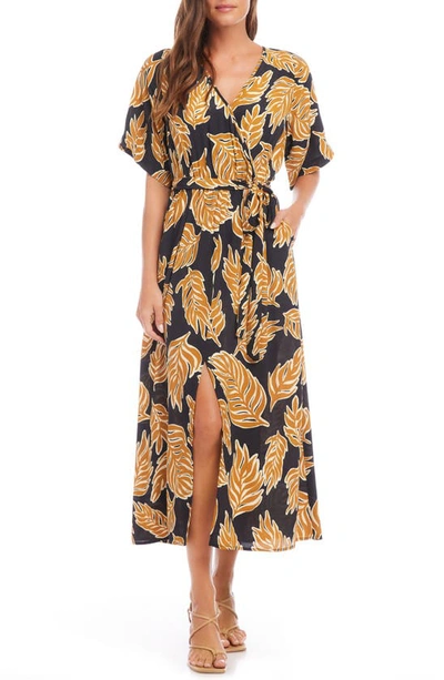 Shop Karen Kane Leaf Print Faux Wrap Midi Dress In Black Yellow Print