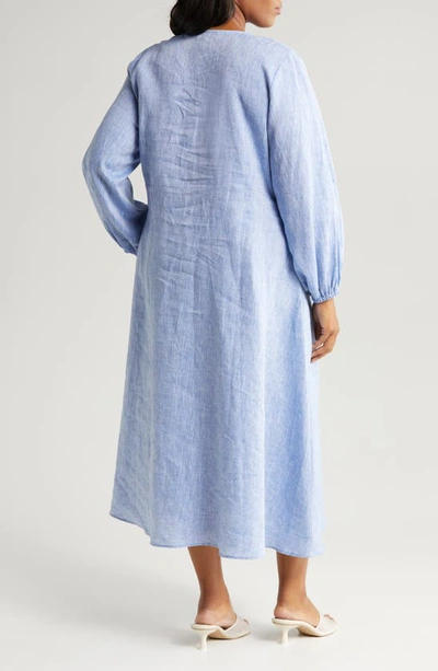 Shop Harshman Novella Long Sleeve Cotton & Linen Midi Dress In Denim Blue