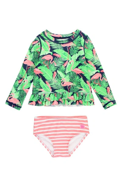 Shop Rufflebutts Kids' Flamingo Frenzy Long Sleeve Two-piece Rashguard Swimsuit In Blue