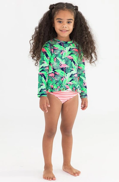 Rufflebutts Kids' Flamingo Frenzy Long Sleeve Two-piece Rashguard Swimsuit In Blue