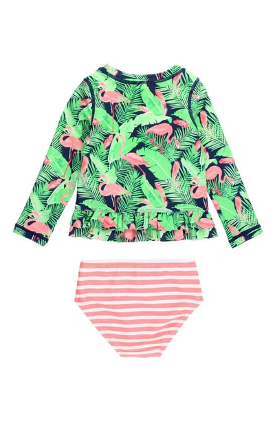 Rufflebutts Kids' Flamingo Frenzy Long Sleeve Two-piece Rashguard Swimsuit In Blue