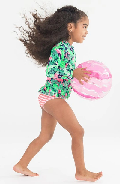 Shop Rufflebutts Kids' Flamingo Frenzy Long Sleeve Two-piece Rashguard Swimsuit In Blue