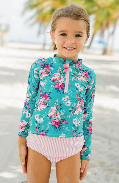 Shop Rufflebutts Kids' Fancy Me Floral Long Sleeve Two-piece Rashguard Swimsuit In Blue