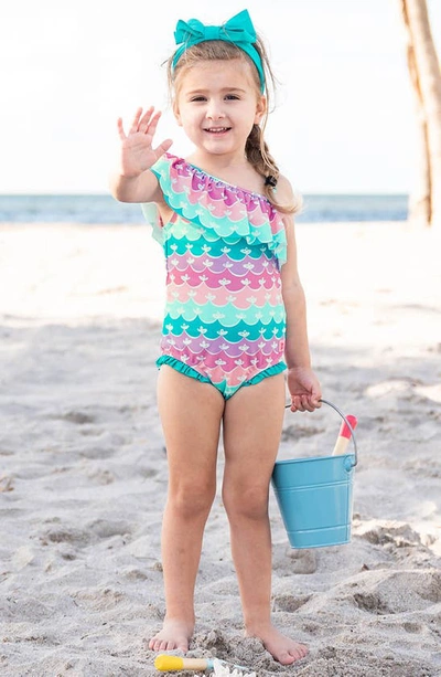 Rufflebutts Kids' Mermaid One-shoulder One-piece Swimsuit In Blue