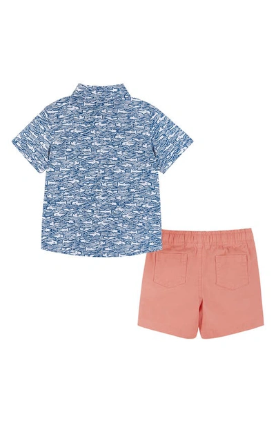 Shop Andy & Evan Shark Print Short Sleeve Button-up Shirt & Shorts Set In Blue Sharks