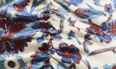 Shop Melloday Floral Print Ruched Satin Midi Dress In Bone Blue