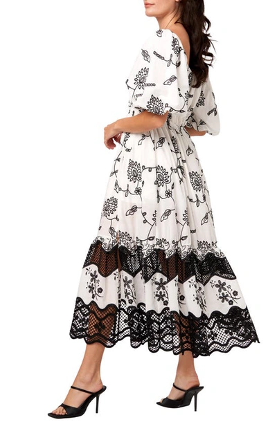 Shop Ciebon Serbita Embroidered Floral Puff Sleeve Cotton Dress In White/ Black