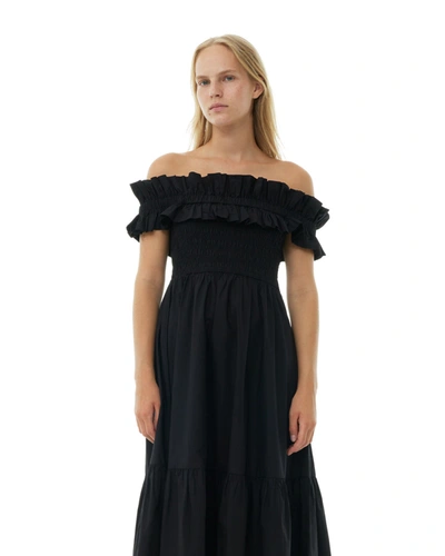 Shop Ganni Cotton Poplin Long Smock Dress In Black