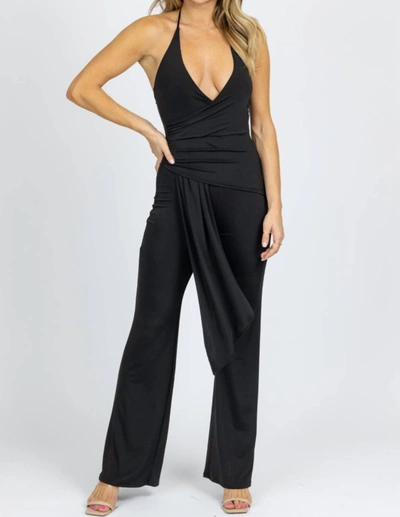 Blue Blush Halter Ruche Front Jumpsuit In Black In Black