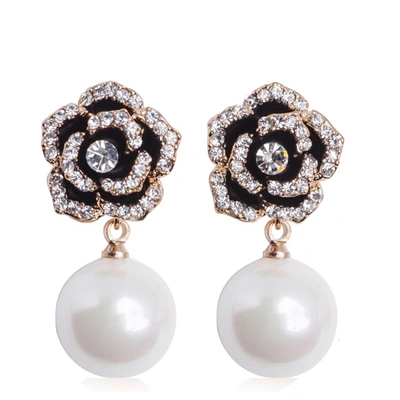 Shop Liv Oliver 18k Gold Black Rose Embellished Pearl Drop Earrings In Silver