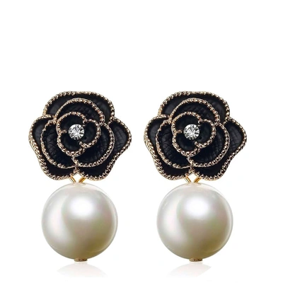 Shop Liv Oliver 18k Gold Flower Pearl Drop Earrings In Black