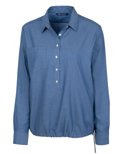 Shop Cutter & Buck Ladies' Windward Twill Long Sleeve Popover Shirt In Blue