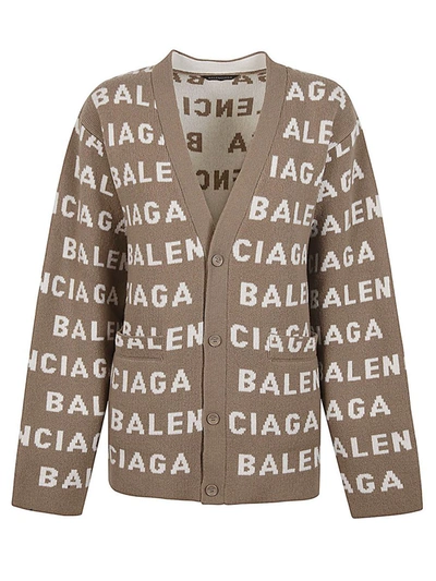 Shop Balenciaga Allover Logo Wool Cardigan In Beige