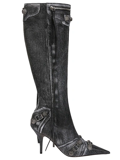 Shop Balenciaga Le Cagole Denim Print Leather Boots In Black