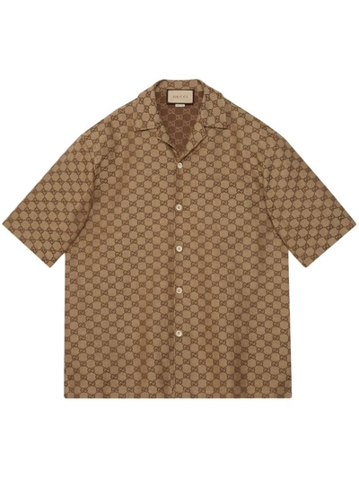 Shop Gucci Gg Linen Blend Shirt In Camel