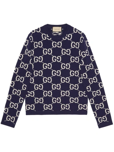 Shop Gucci Gg Supreme Wool Crewneck Sweater In Blue