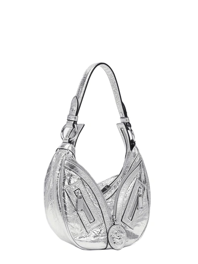 Shop Versace Metallized Leather Shoulder Bag With Iconic Frontal Medusa